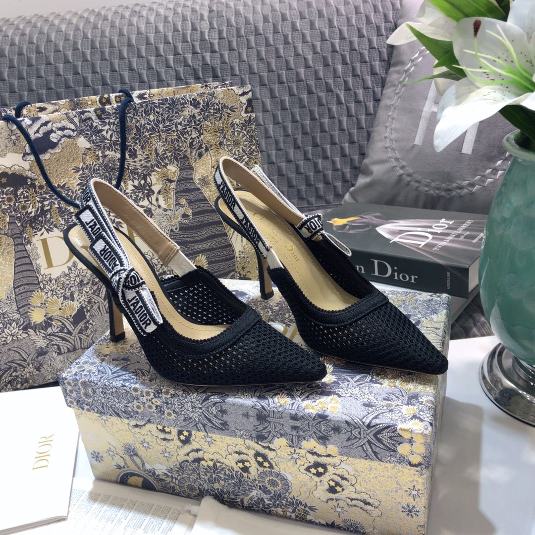 JAdior slingback pumps 65 transparent mesh black embroidered cotton