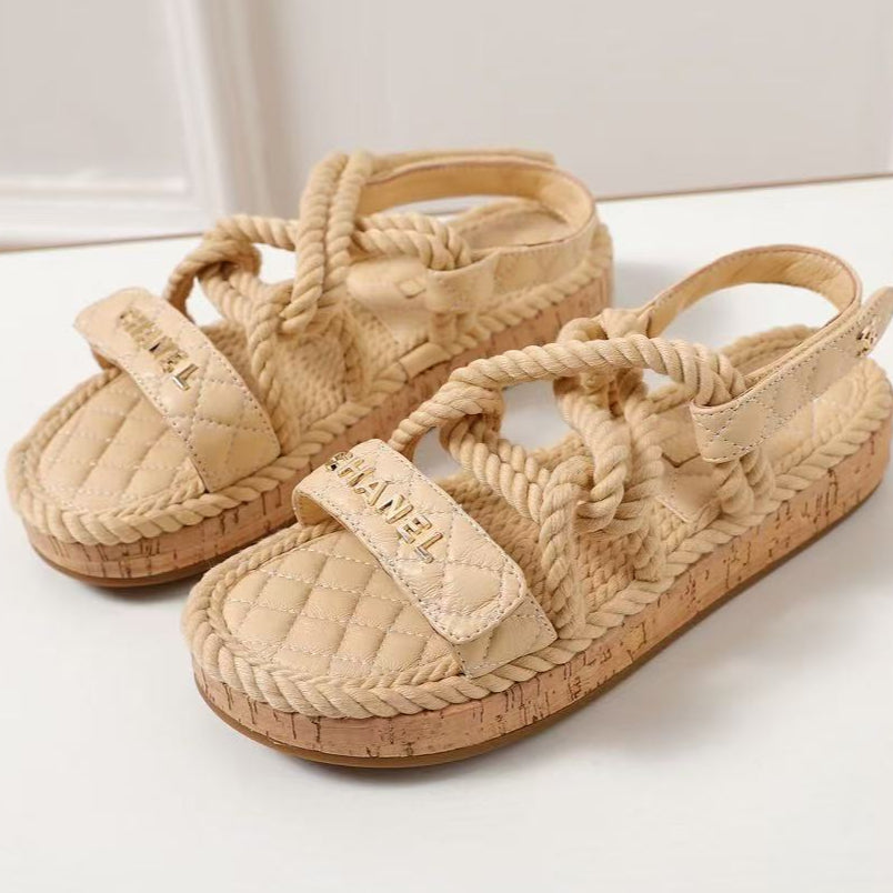 Chanel Slingback Espadrille Sandals Beige Leather and Rope – Amejews