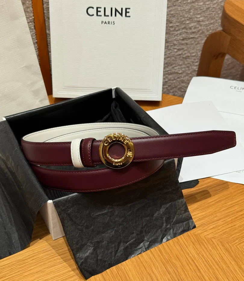 Celine 2026 Disc Buckle & Reversible Strap Belt 2.5cm Burgundy Leather