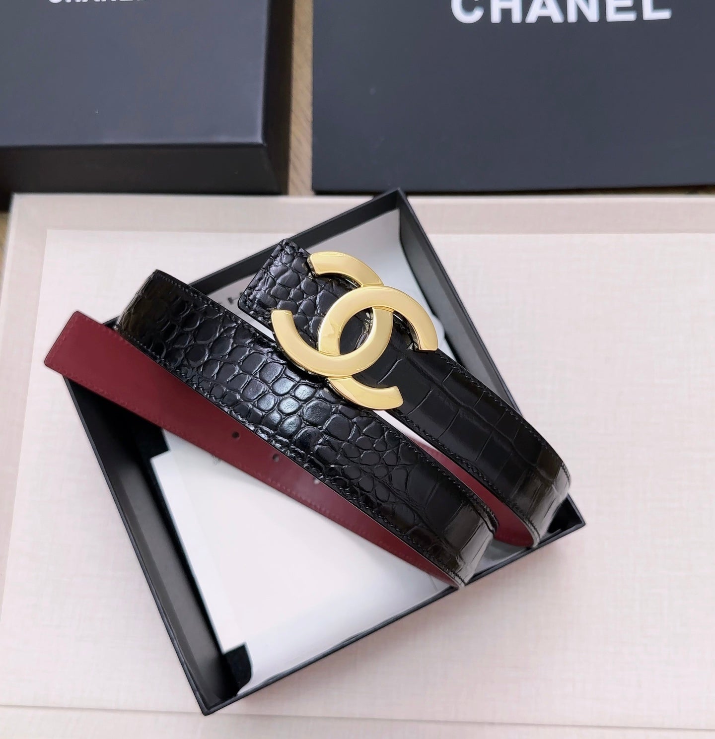Chanel 2026 Crocodile Embossed Belt 30mm Leather 218762