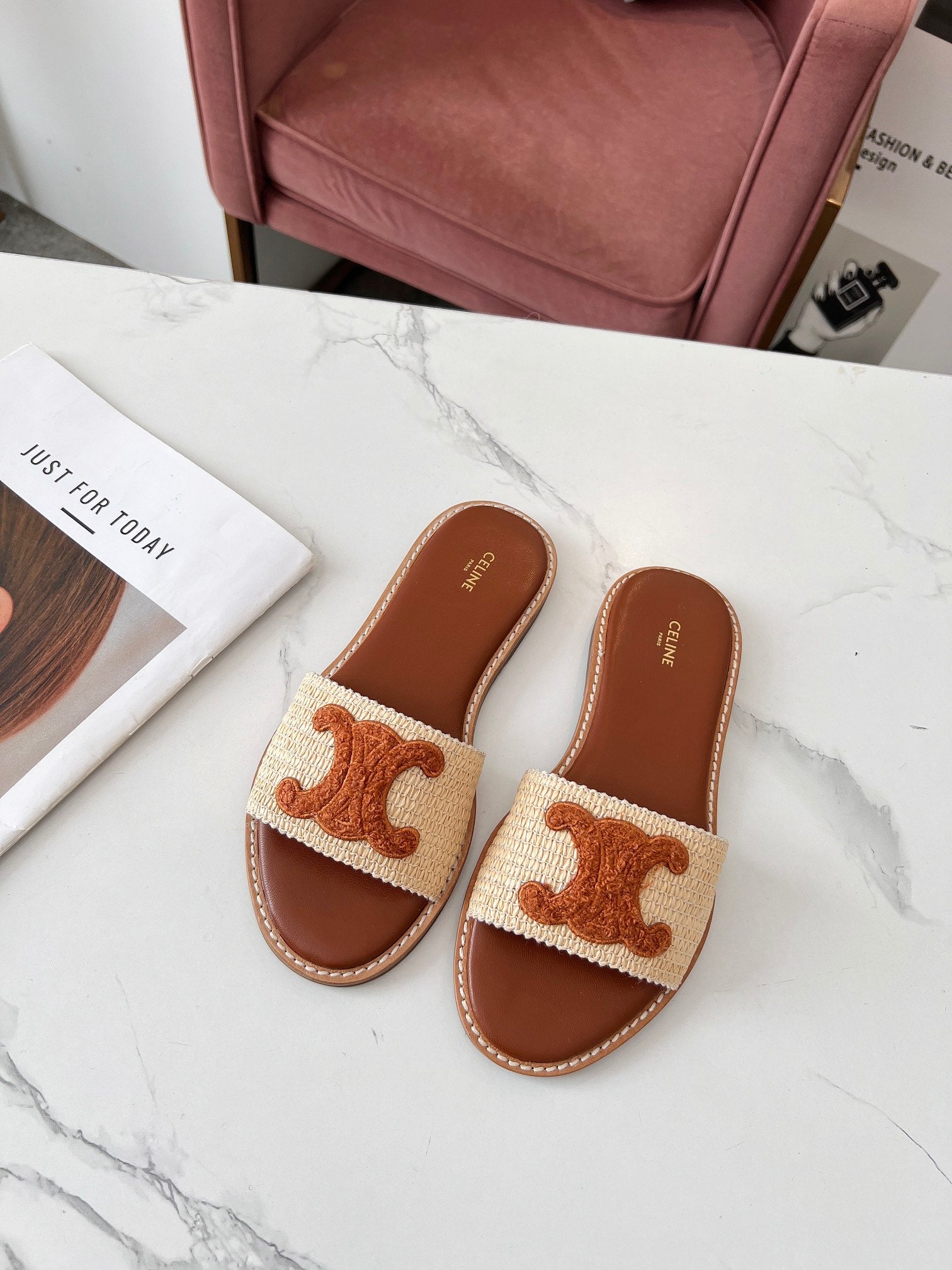 Celine 26s Slip-on Sandals Cotton Leather 982665
