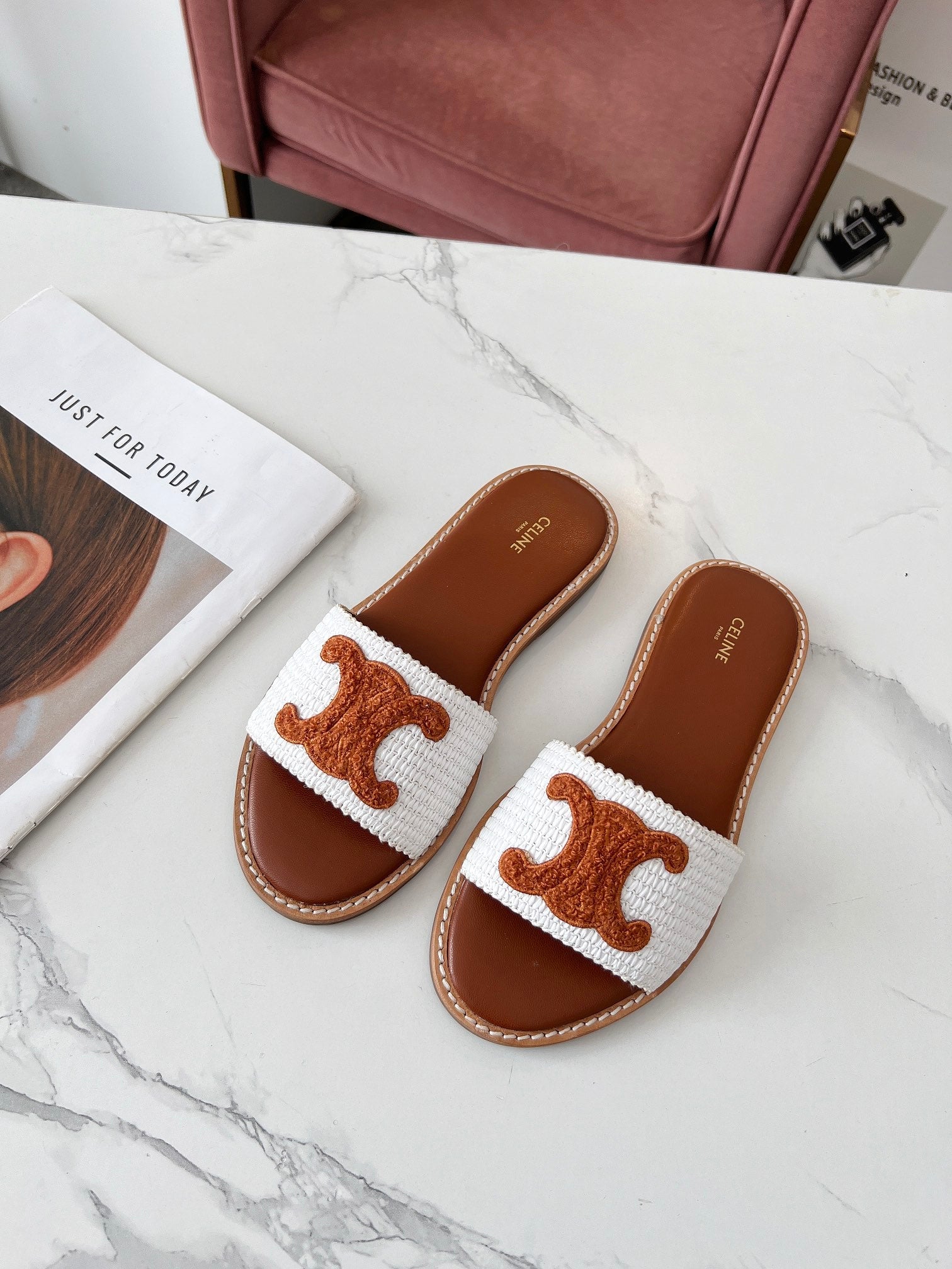 Celine 26s Slip-on Sandals Cotton Leather 982665