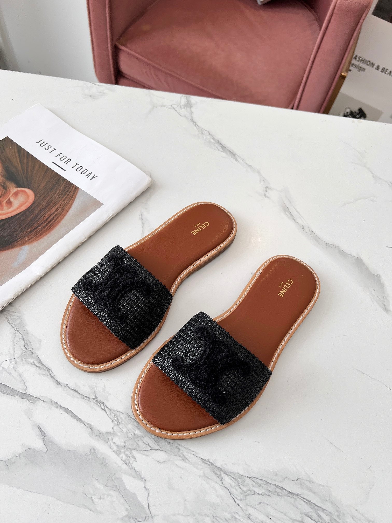 Celine 26s Slip-on Sandals Cotton Leather 982665