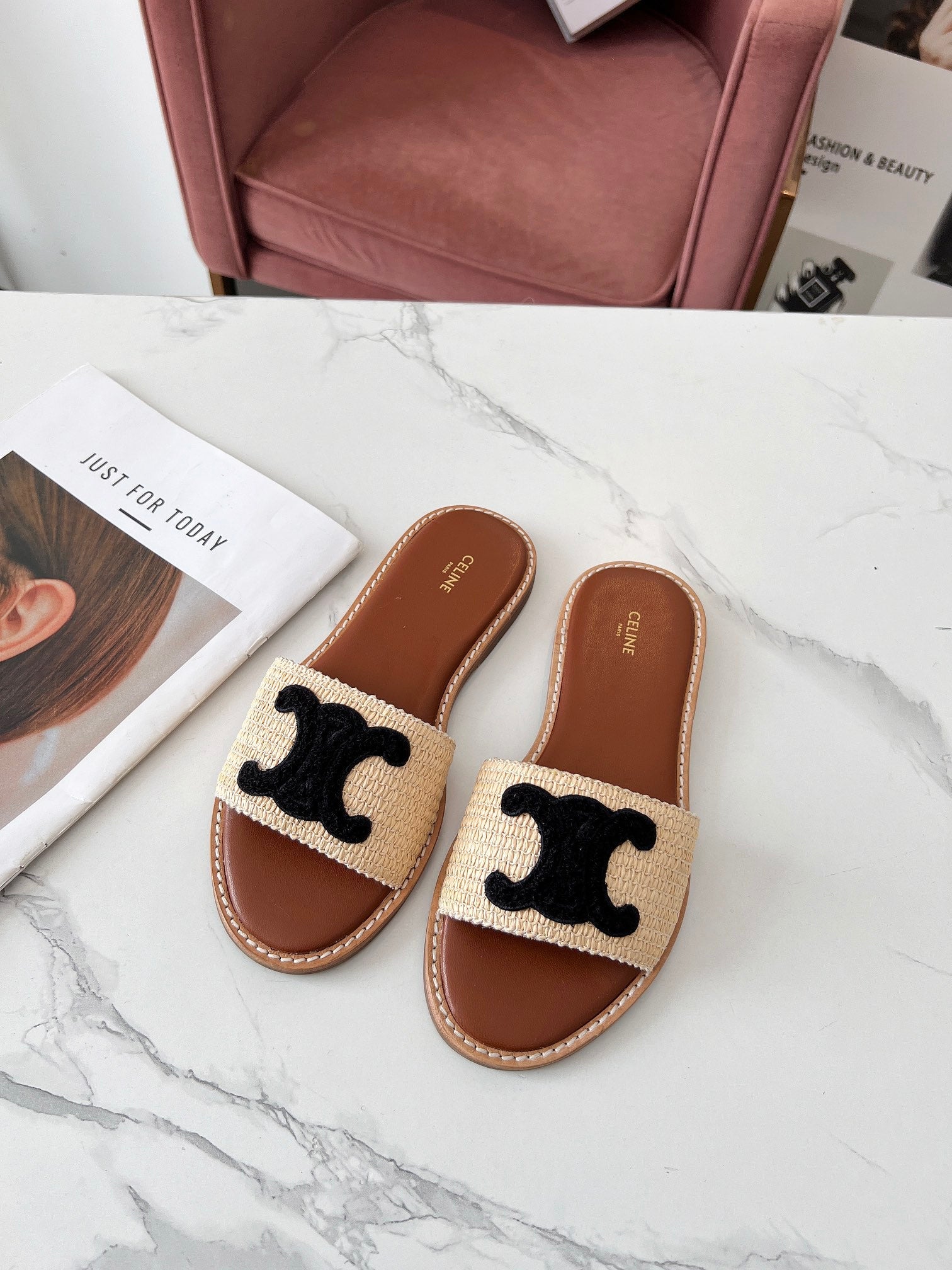Celine 26s Slip-on Sandals Cotton Leather 982665