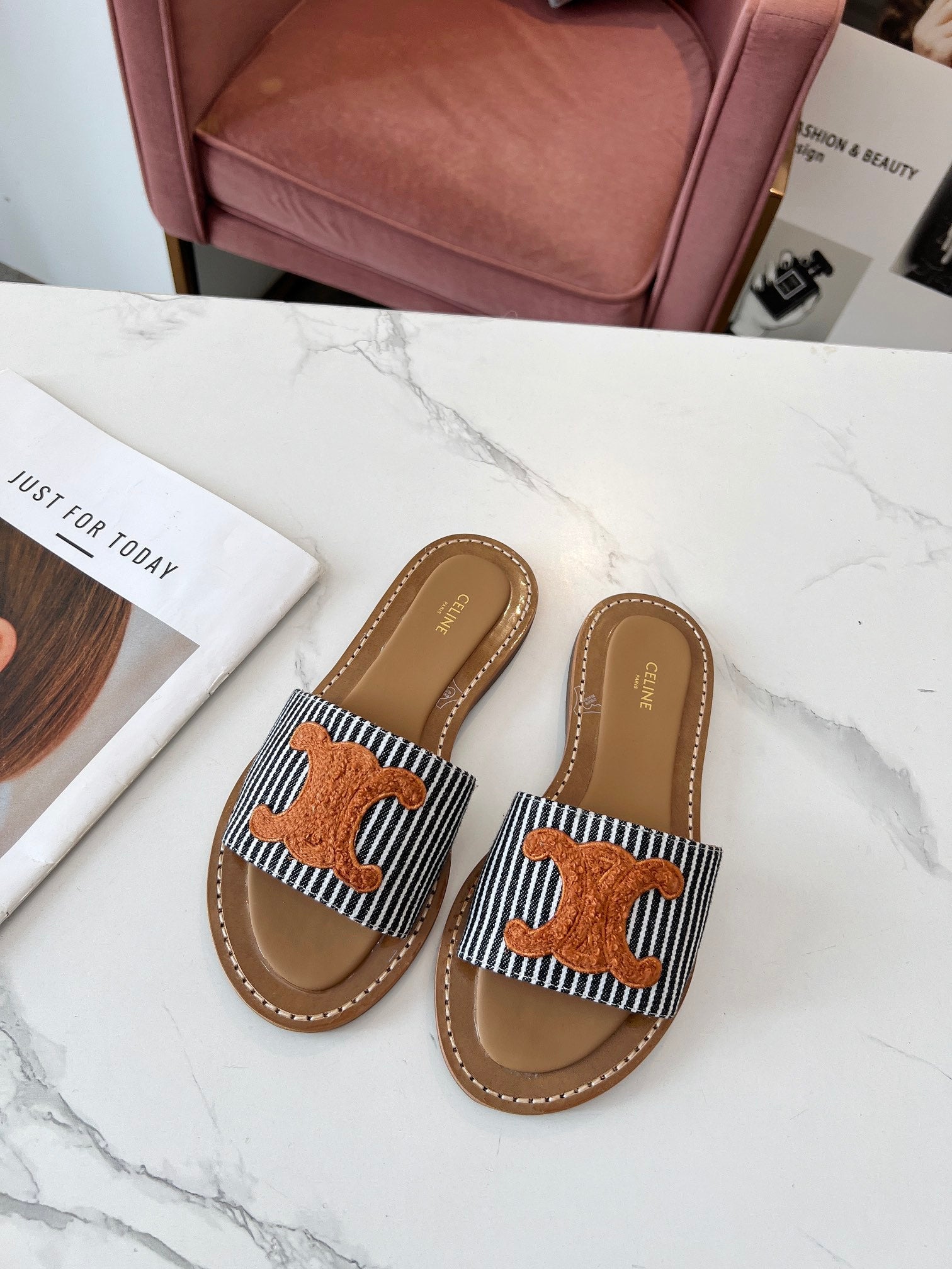Celine 26s Slip-on Sandals Cotton Leather 982665
