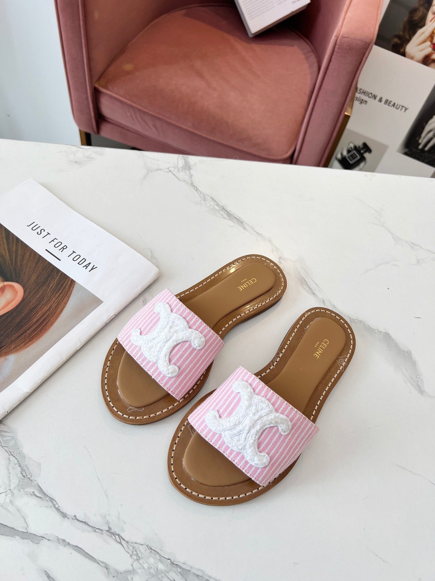 Celine 26s Slip-on Sandals Cotton Leather 982665