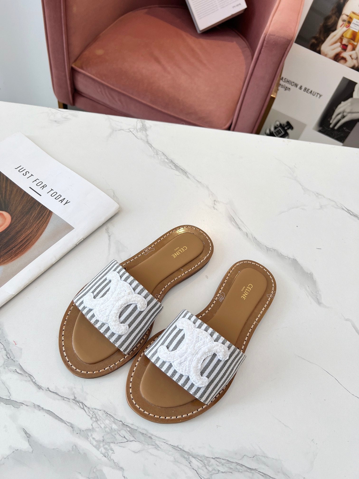 Celine 26s Slip-on Sandals Cotton Leather 982665