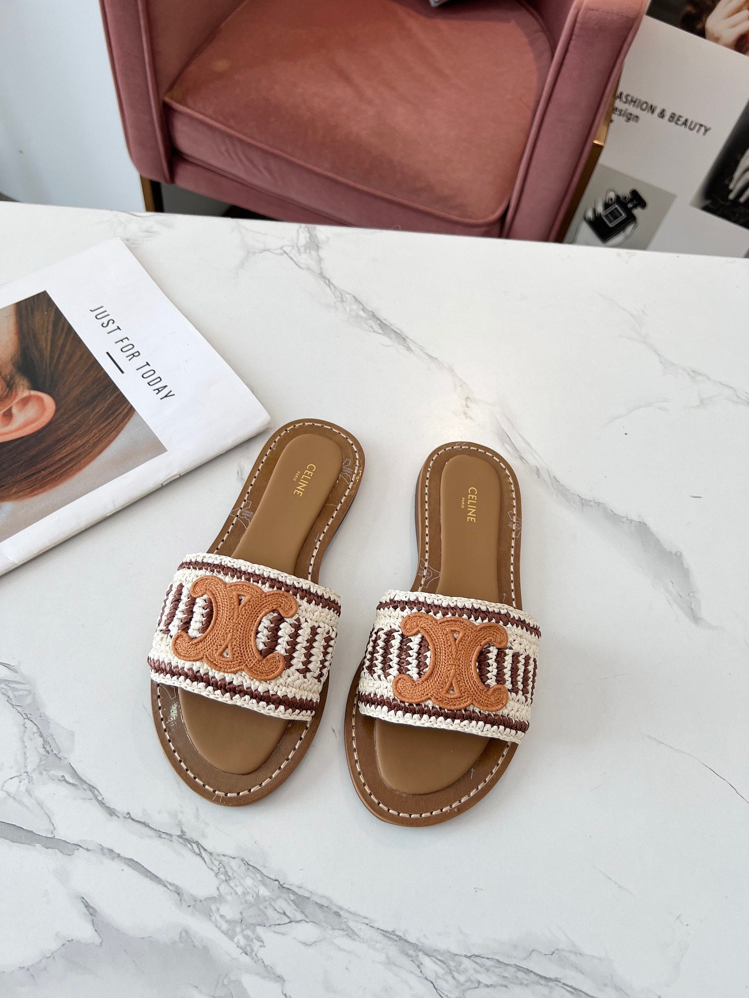 Celine 26s Slip-on Sandals Cotton Leather 982665