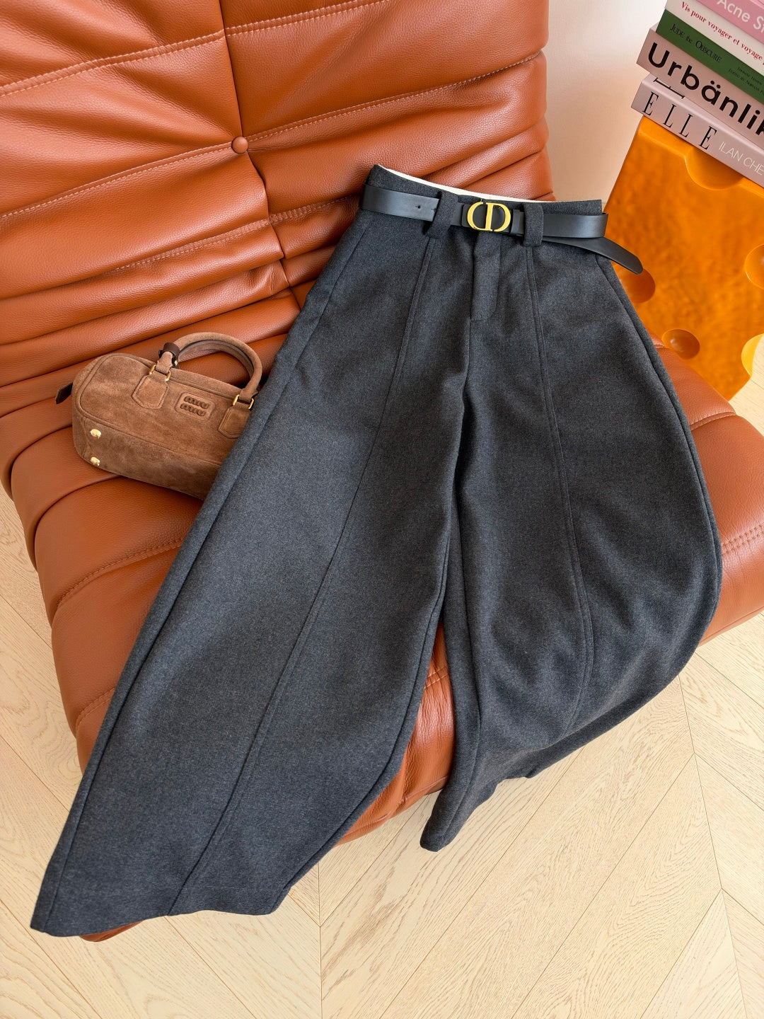 Dior 26s CD Buckle Belted Wide Leg Trousers Grey Brown 445034