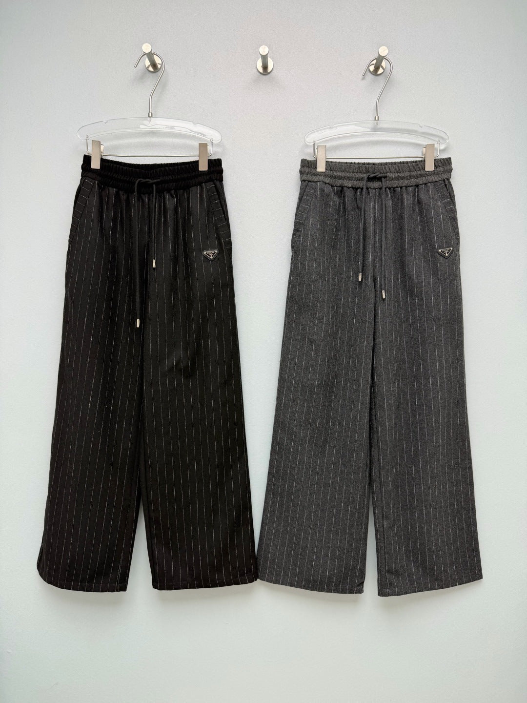 Prada 26s Pinstripe Drawstring Wide Leg Pants Black Grey 444974
