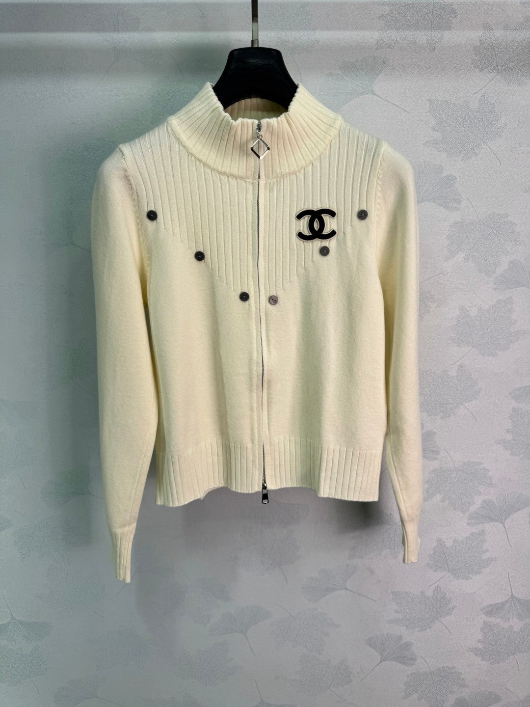 Chanel 26S Button Zip Up Knit Sweater White 449364