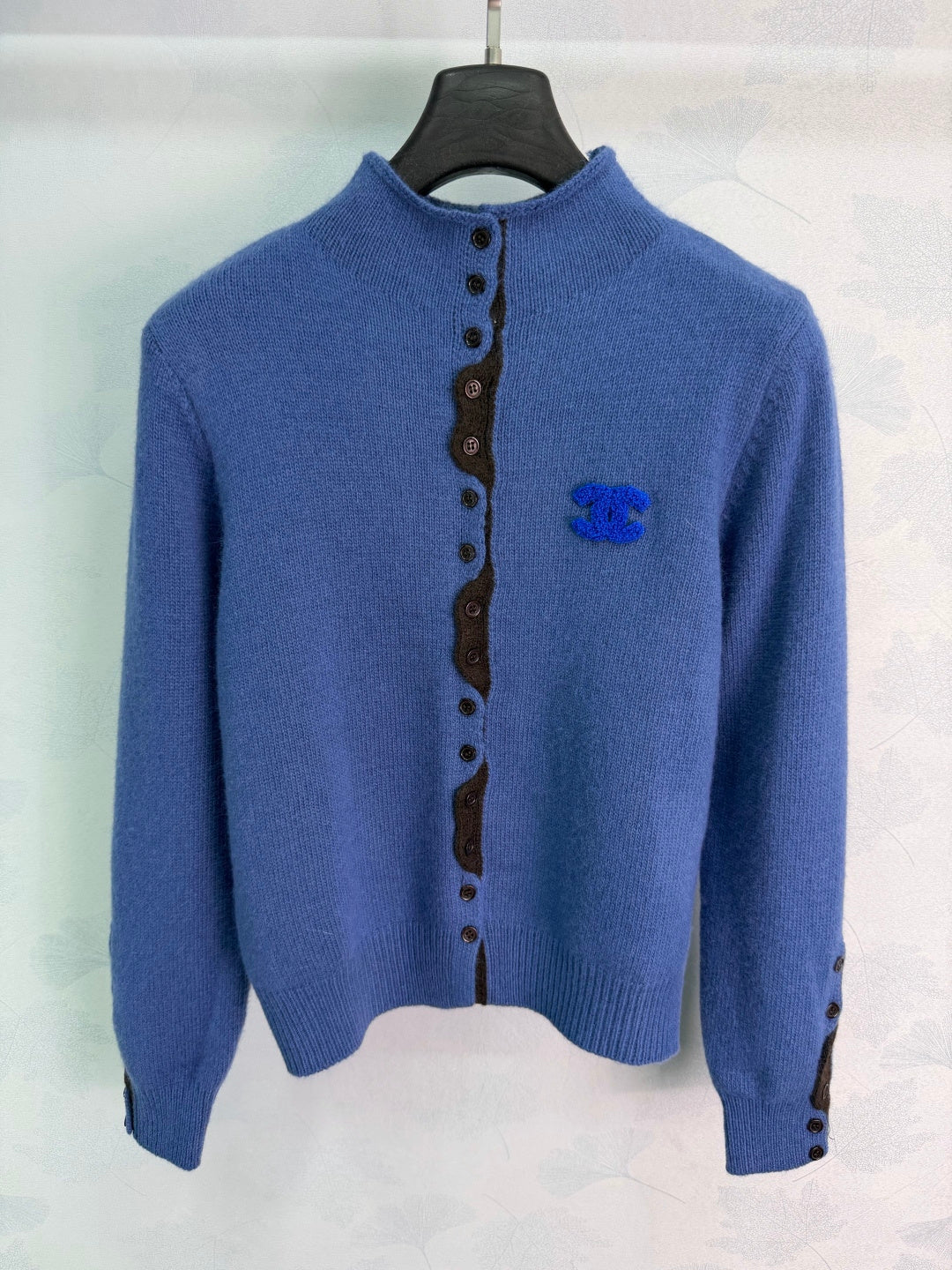 Chanel 26S Wavy Trim Knit Cardigan Blue 449368