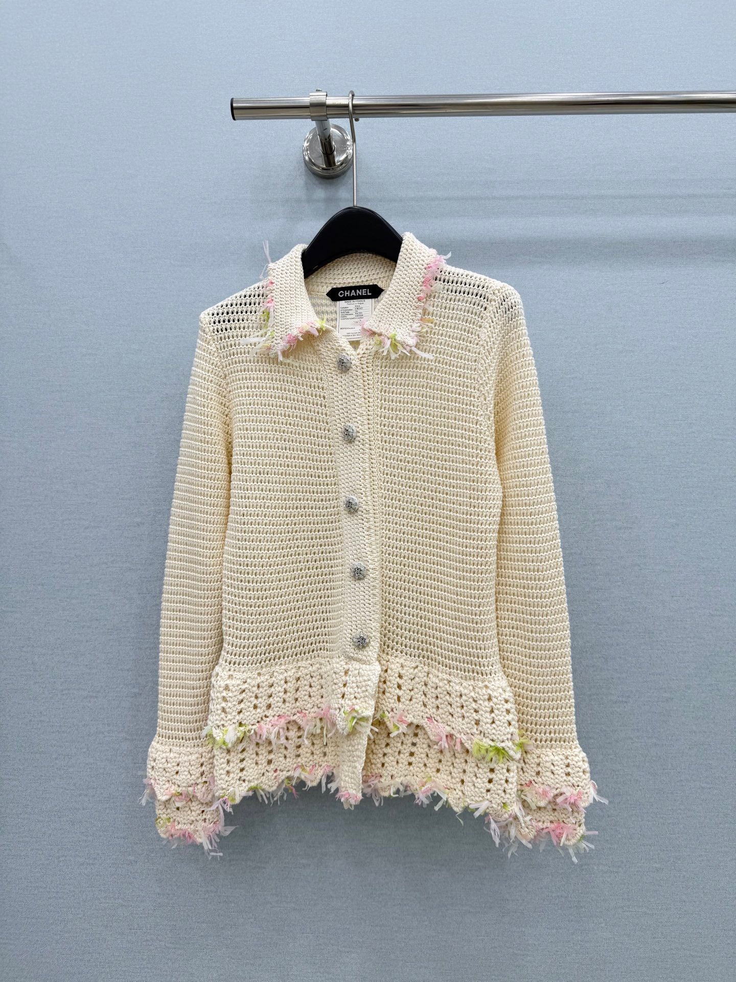 Chanel 26s Fringe Trim Crocheted Knit Cardigan Jacket 447653