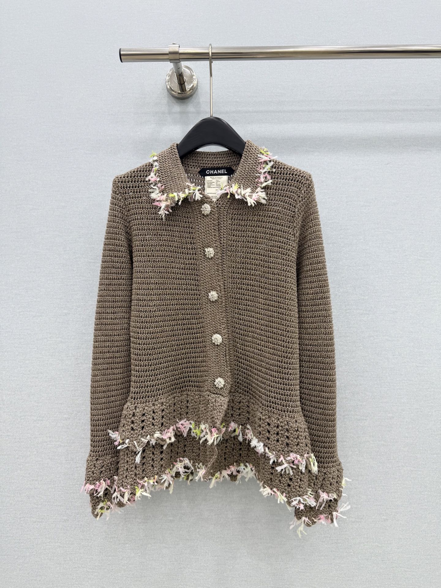Chanel 26s Fringe Trim Crocheted Knit Cardigan Jacket 447653