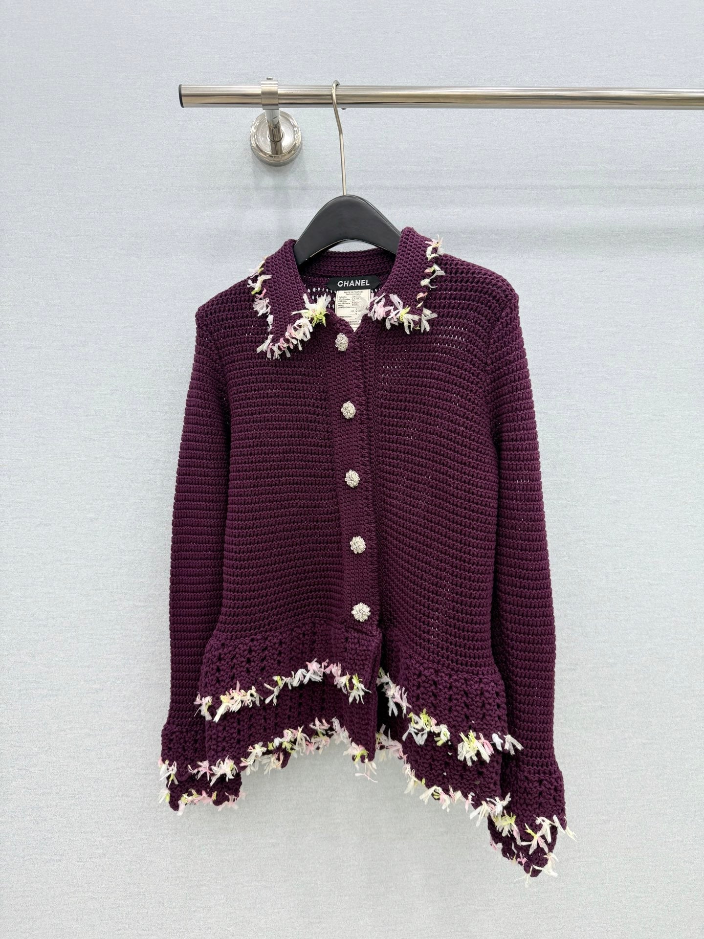 Chanel 26s Fringe Trim Crocheted Knit Cardigan Jacket 447653