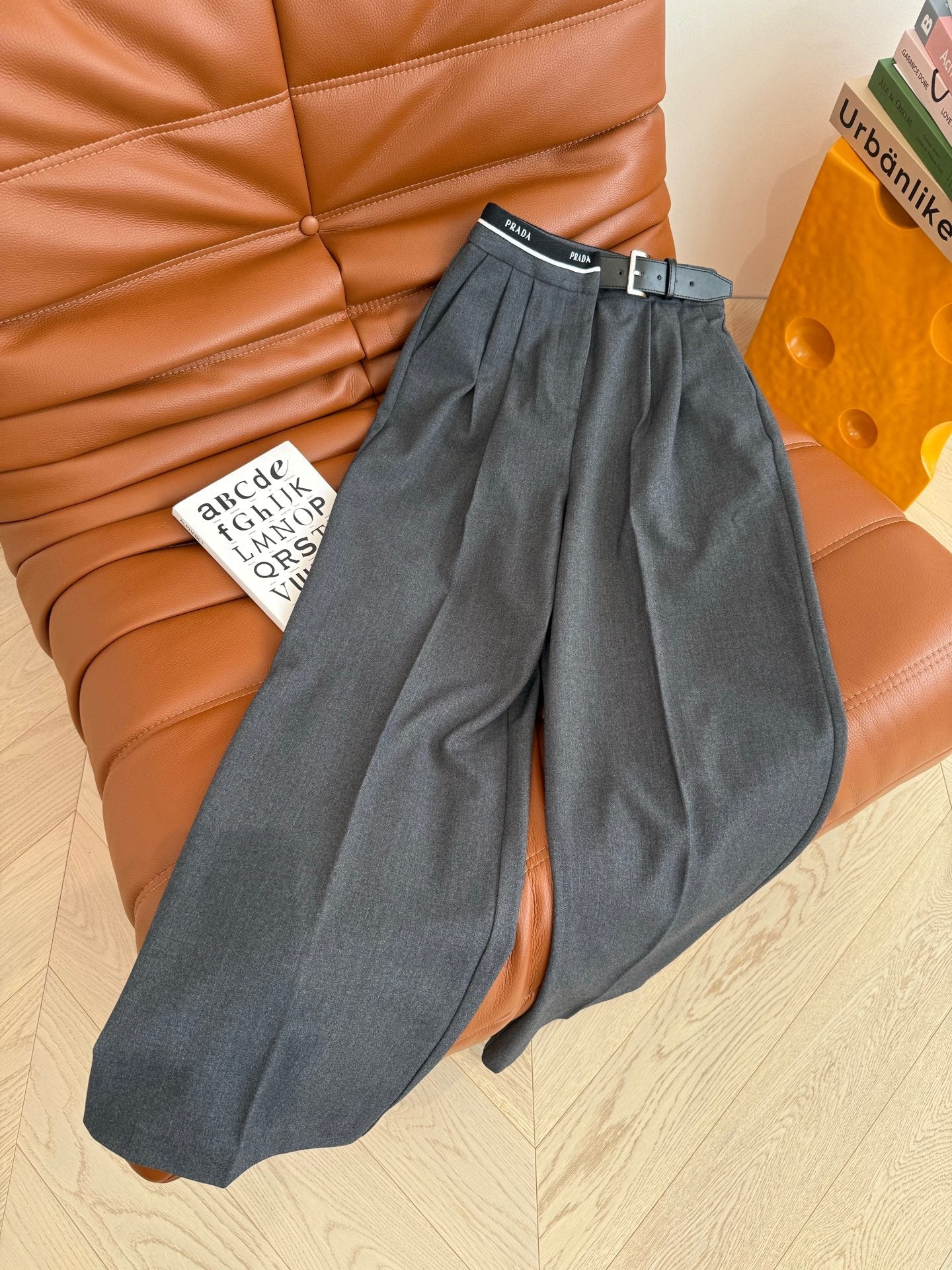 Prada 25 Leather Strap and Webbing Stitching Trousers Wool