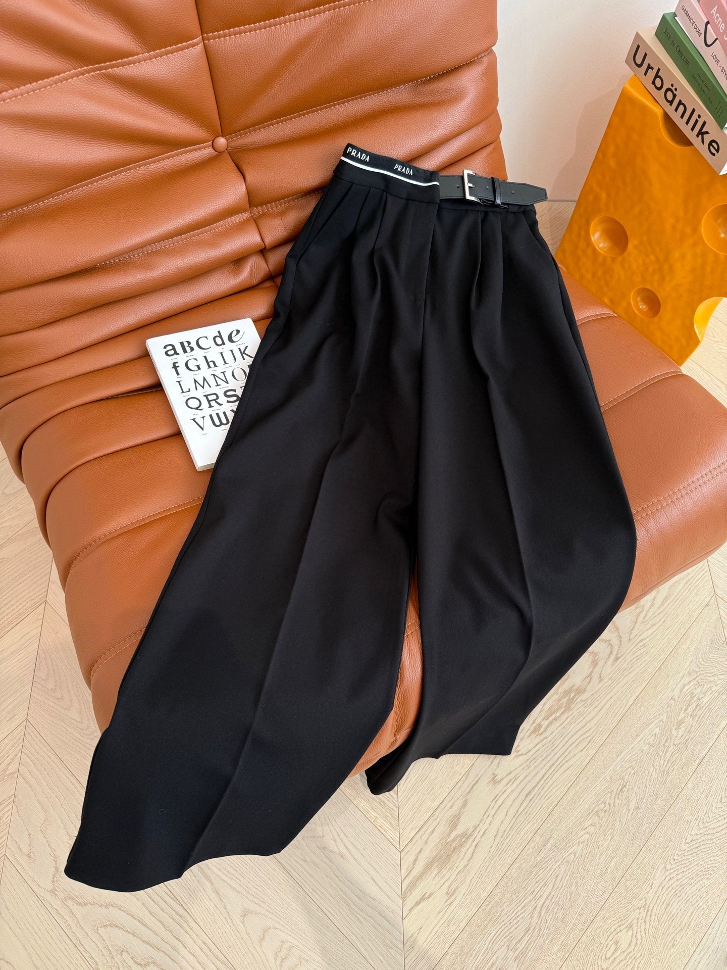 Prada 25 Leather Strap and Webbing Stitching Trousers Wool