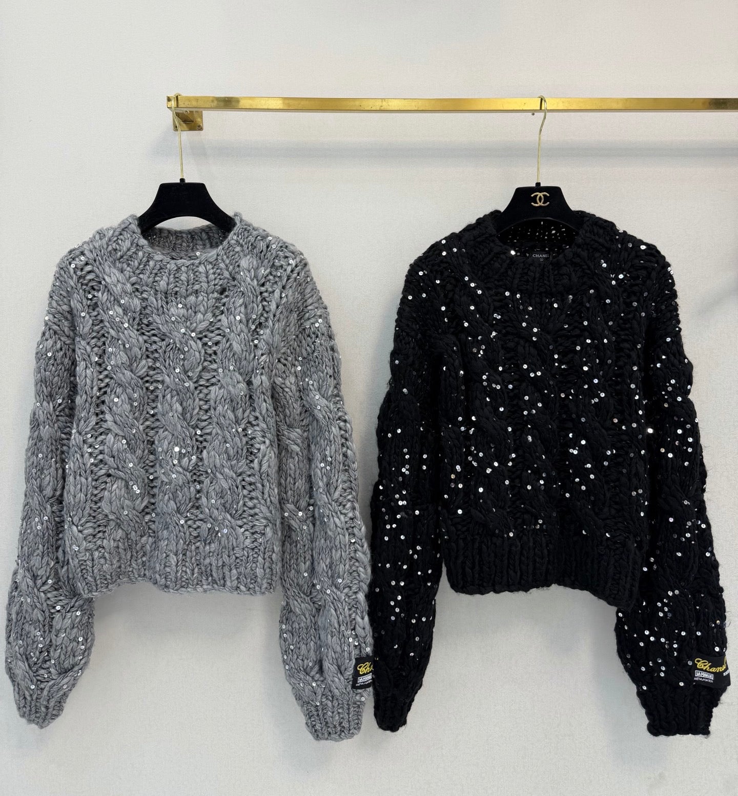 CC Sequin Cable Knit Sweater Crew Neck Long Sleeve 451812