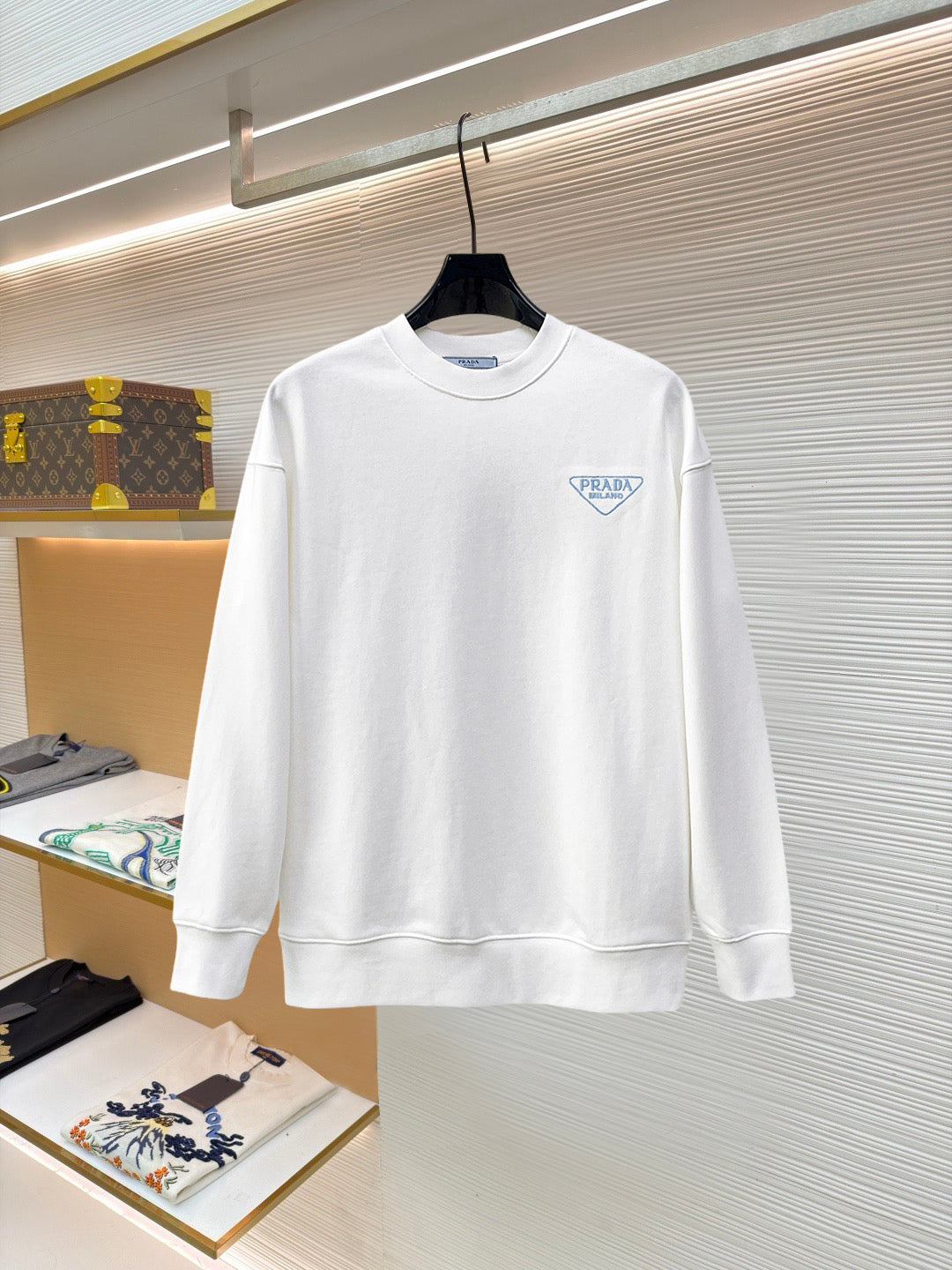 Prada 26s Men Crewneck Sweatshirt Embroidered Triangle Logo 835291