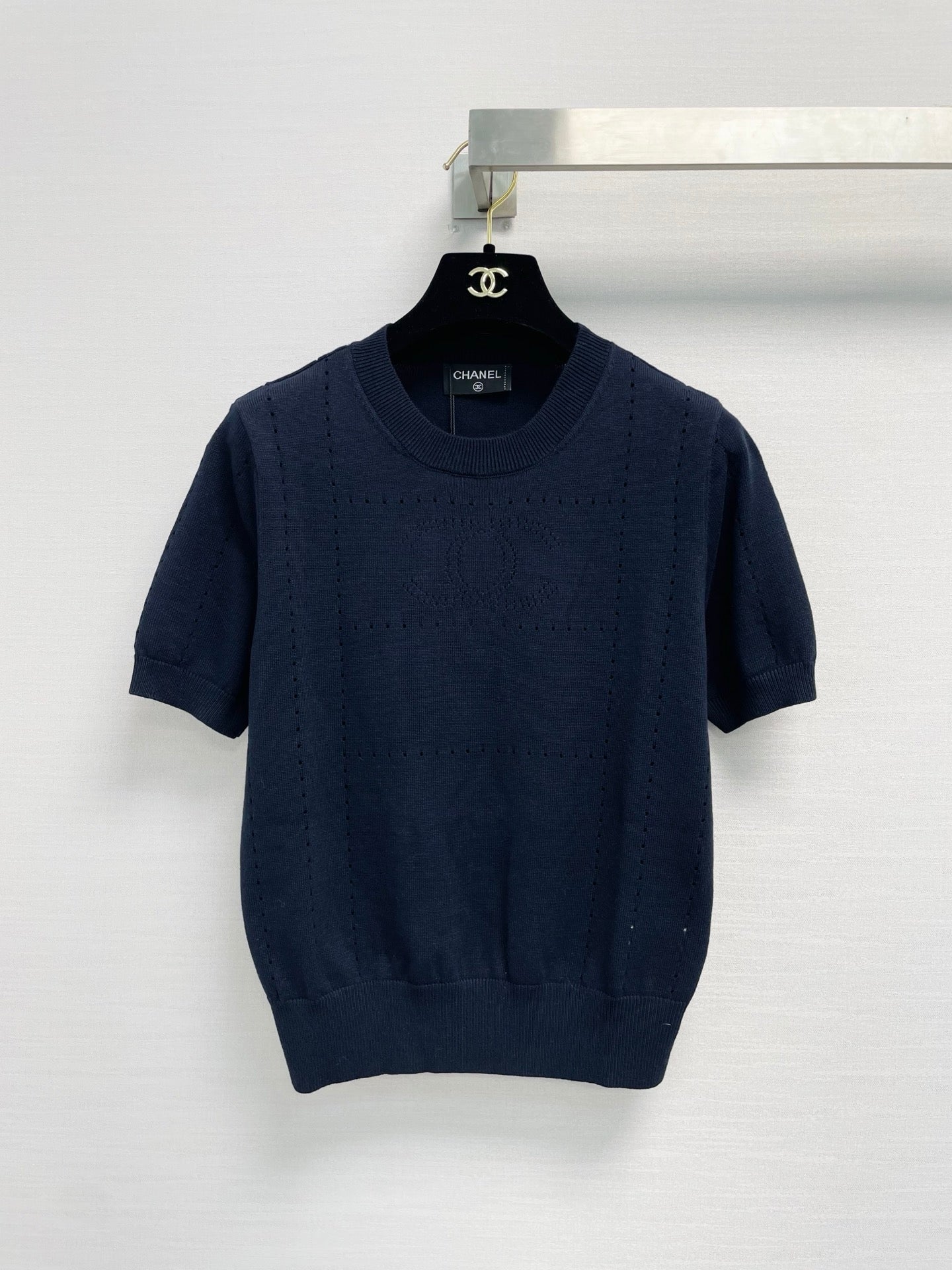 Chanel 26s Perforated Logo Short Sleeve Knit Sweater Off White