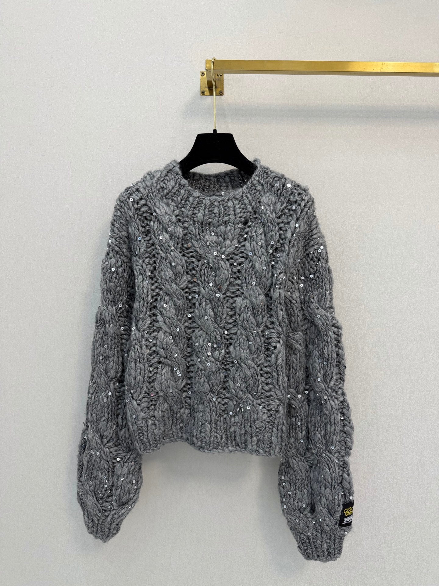 CC Sequin Cable Knit Sweater Crew Neck Long Sleeve 451812