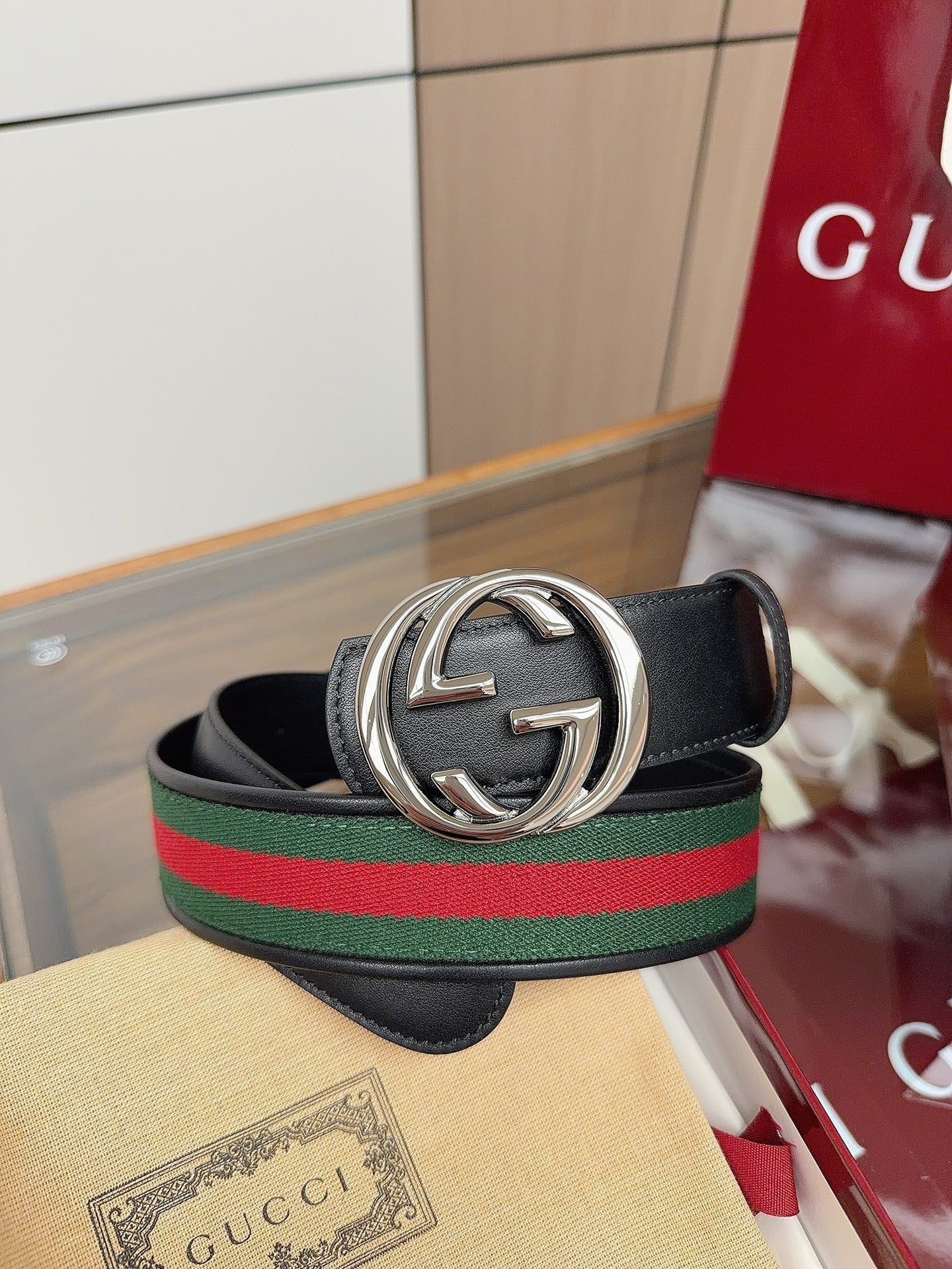 Gucci 2026 GG Buckle Web Belt 40mm Canvas Leather 215509