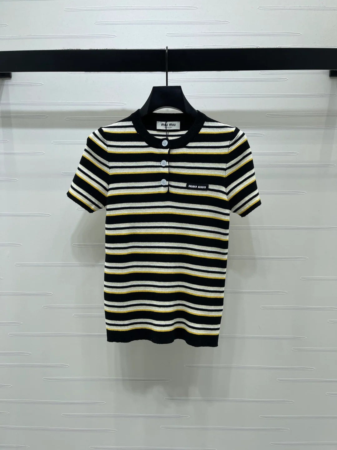 Miumiu 2026 Striped Knit Short-sleeved Top Cream and Black Wool Tencel 356453