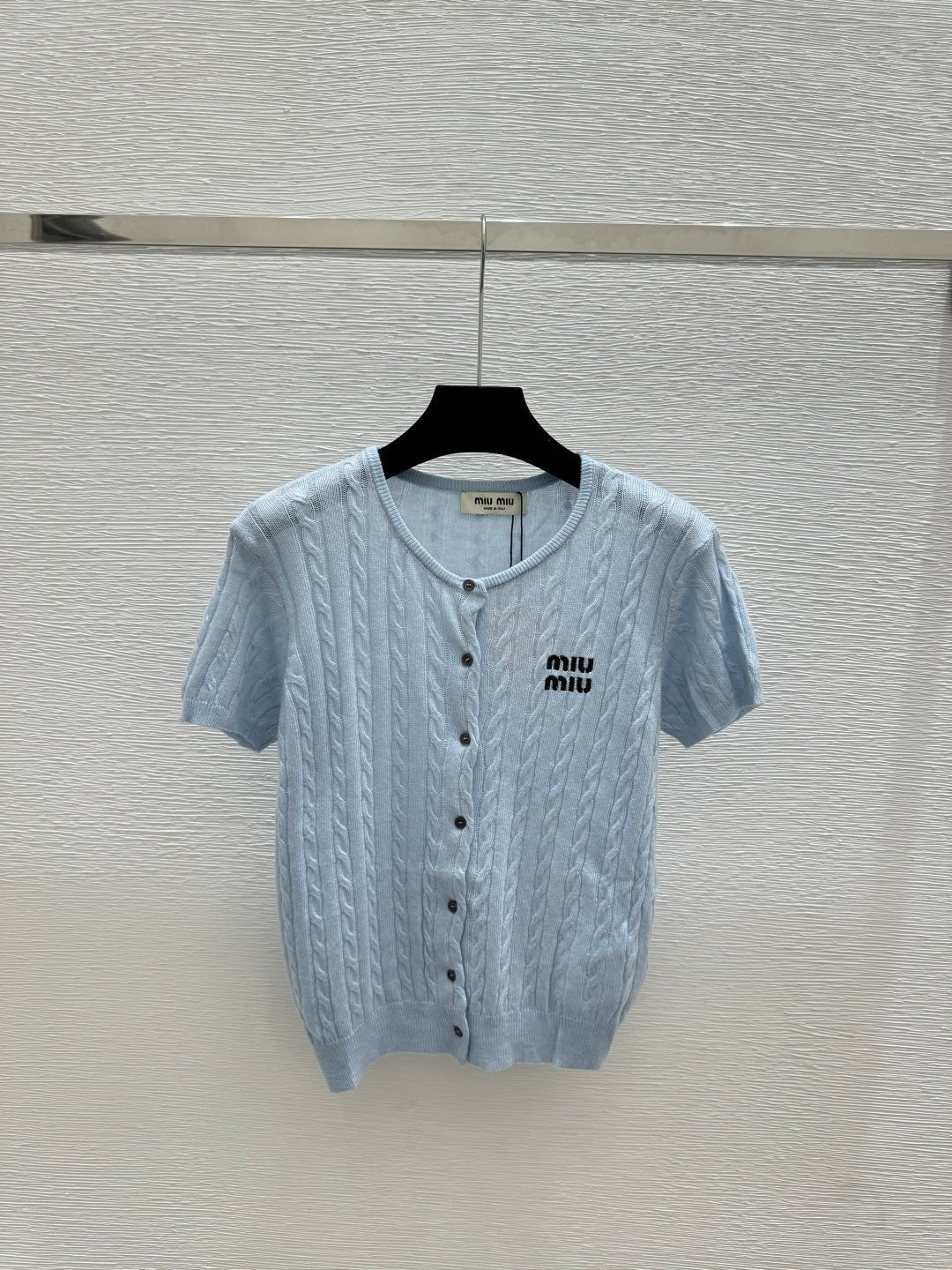 Miumiu 2026 Knit Short-sleeved Cardigan White and Blue Wool