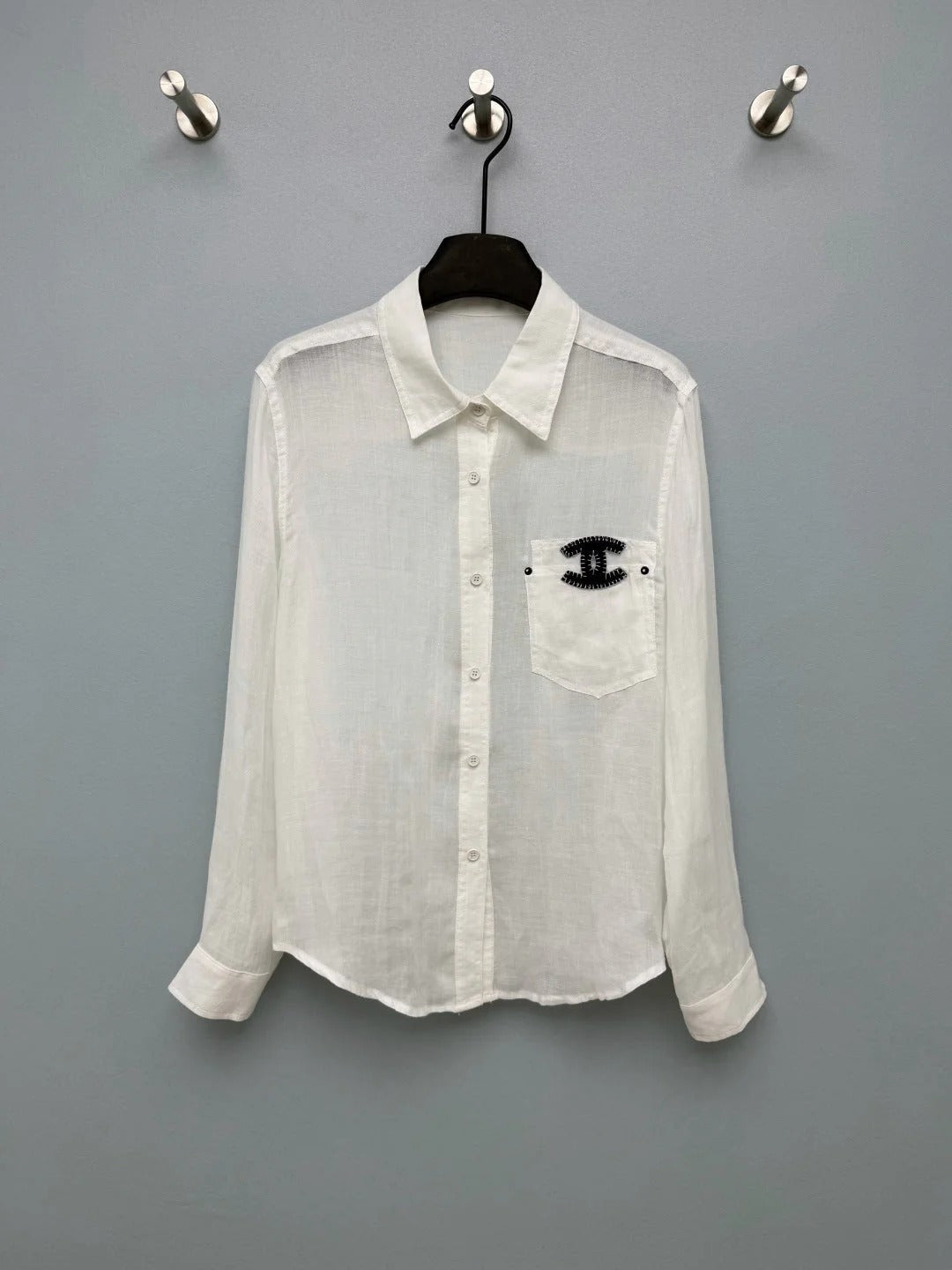 Chanel 2026 Double C Embroidery Shirt White and Navy Blue Cotton 392370