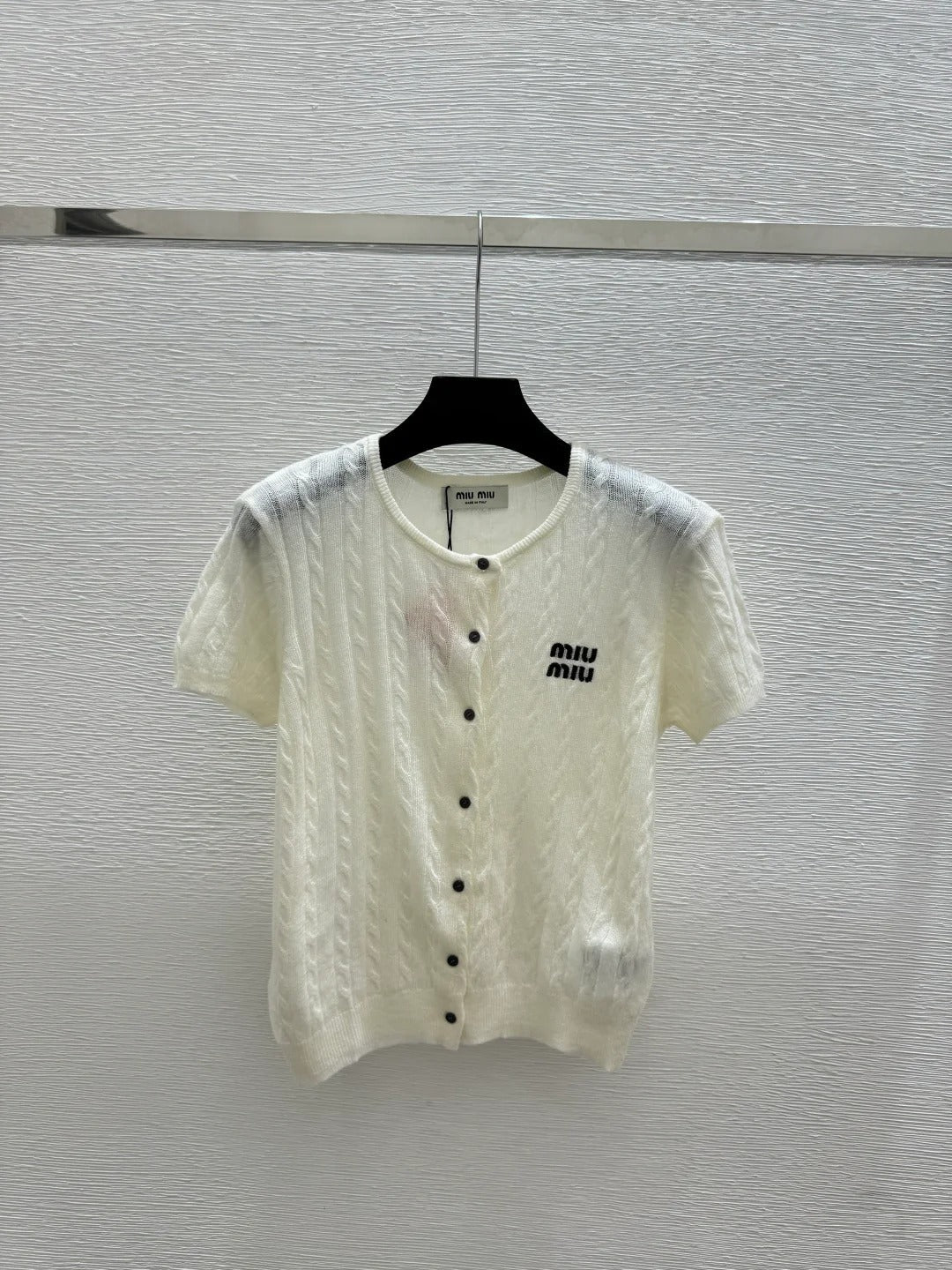 Miumiu 2026 Knit Short-sleeved Cardigan White and Blue Wool
