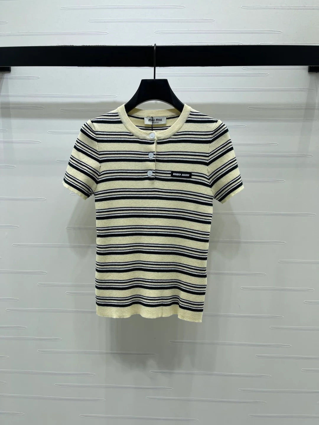 Miumiu 2026 Striped Knit Short-sleeved Top Cream and Black Wool Tencel 356453
