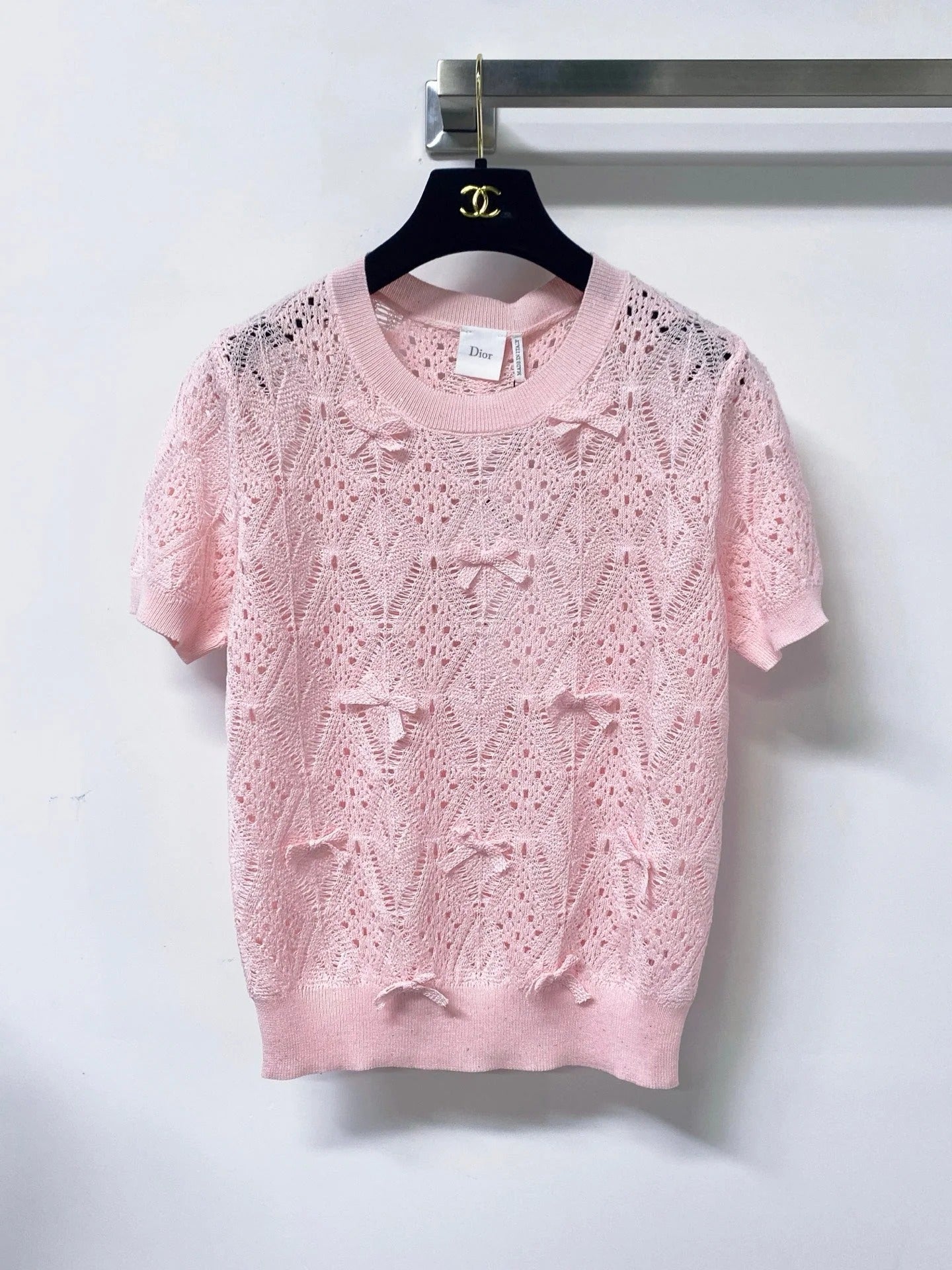 Dior 2026 Openwork Lace Knit Short-Sleeve Top Bow Details 479896